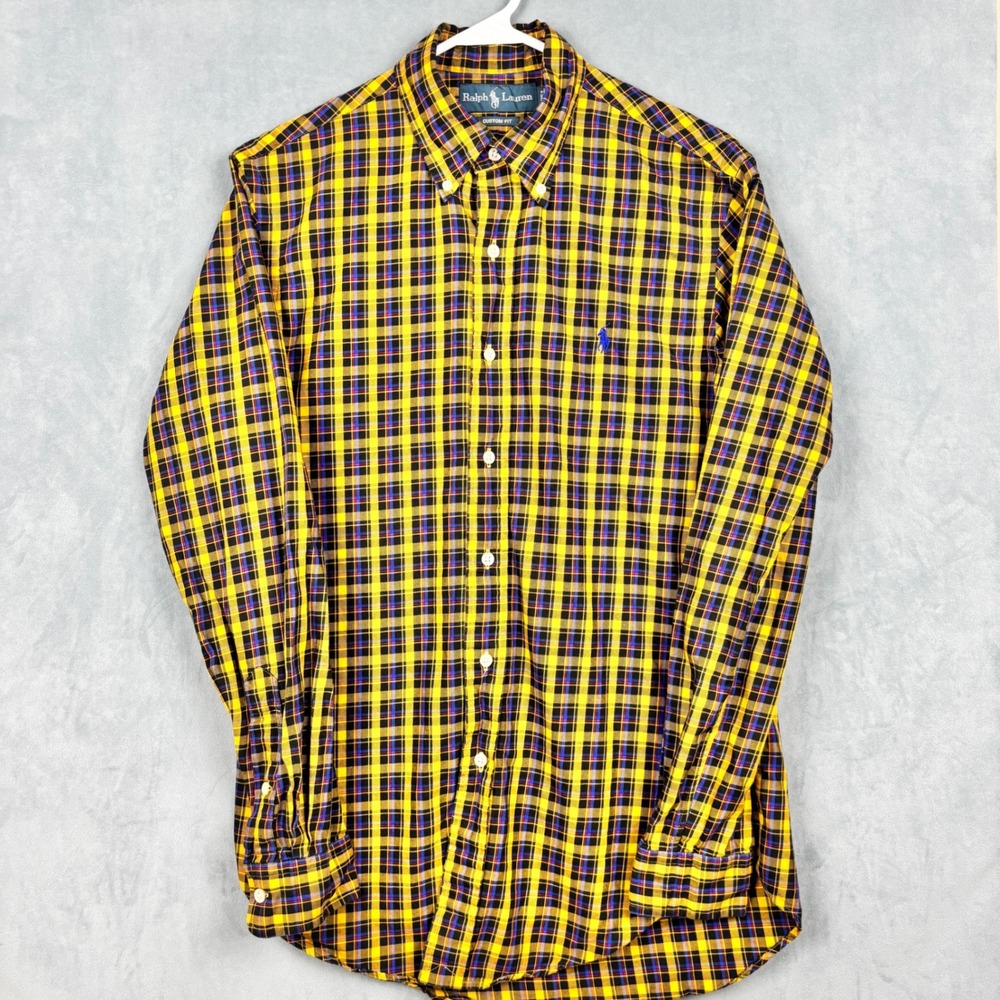 Ralph Lauren Mens Custom Fit Plaid Button Down Shirt Yellow Navy Blue Small